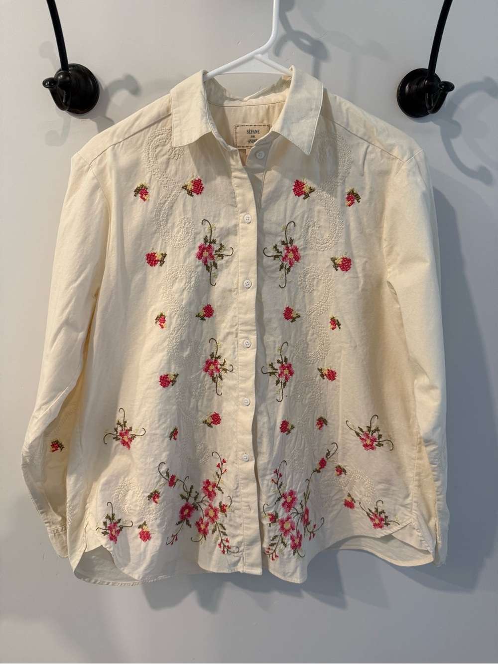 Sezane X Andion Maxy shirt Cream Floral Embroidered size 34